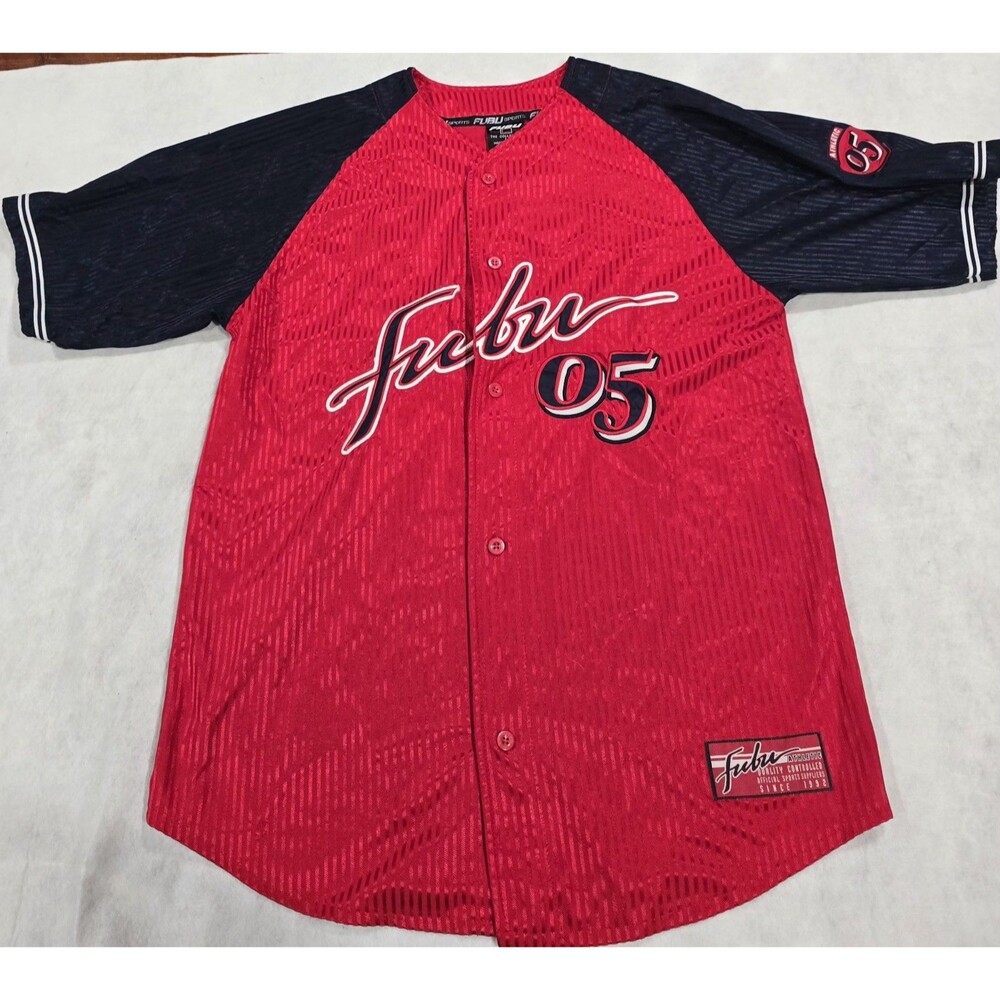 Vtg FUBU 05 Baseball Jersey Large Red Black Streetwear Y2K Hip Hop Oversized